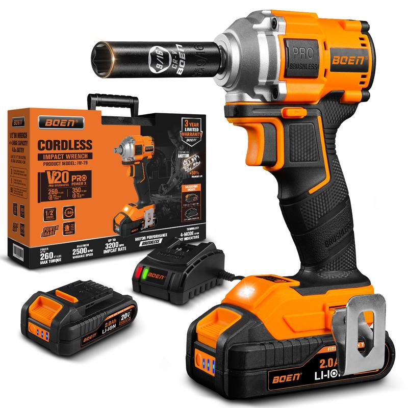 Boen Cordless Impact Wrench 1/2 Inch Brushless Electric, 260Ft-Lbs(350N.M), 2500RPM Torque Impact Gun, Includes 2.0Ah Battery, Charger, IW-79