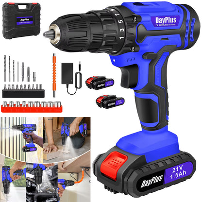 2 Batteries Cordless Power Drill, 21V Handheld Electric Screwdriver Drill Set,45Nm 25+1 Torque Setting, 2-Speed Drill, 3/8"