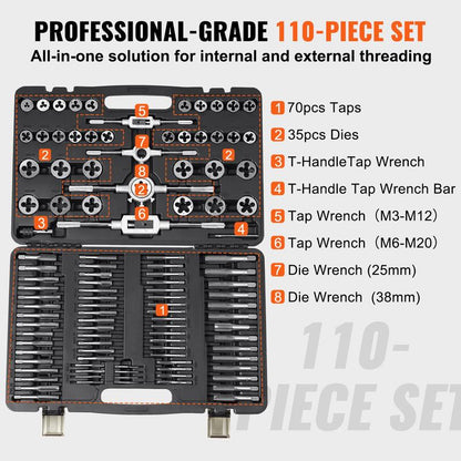 VEVOR Tap and Die Set, 110-Piece Include Metric Size M2 to M18, Bearing Steel Taps and Dies, Essential Threading Tool for Cutting External Internal Threads, with Complete Accessories and Storage Case