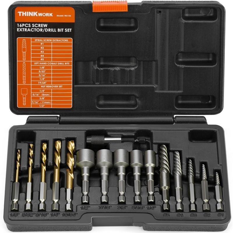 THINKWORK 16PCS Stripped Screw Extractor Set, Broken Bolt Extractor Kit, Left Hand Drill Bit Set for Removing Stripped Screws, Bolts Cnc La