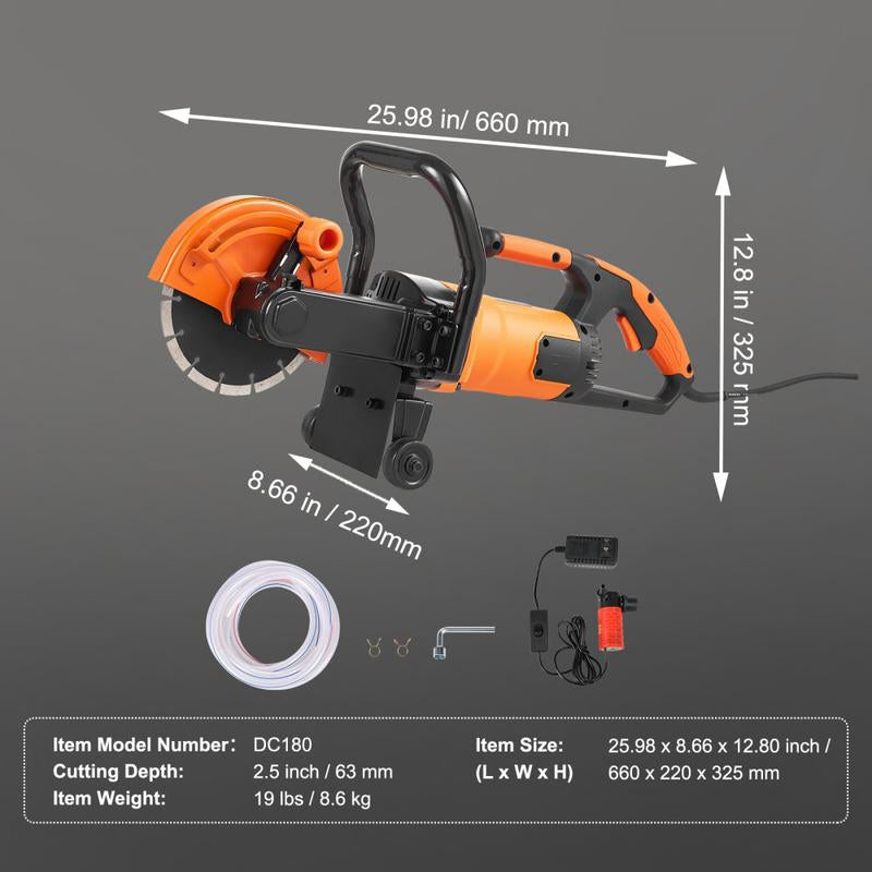 Electric Concrete Saw, 7/9/12/14/16 in Circular Saw Cutter, 2000 W High Power with Max. 2.5 in Cutting Depth, Wet/Dry Disk Saw Cutter Includes Water Line, Pump and Blade, for Stone, Brick