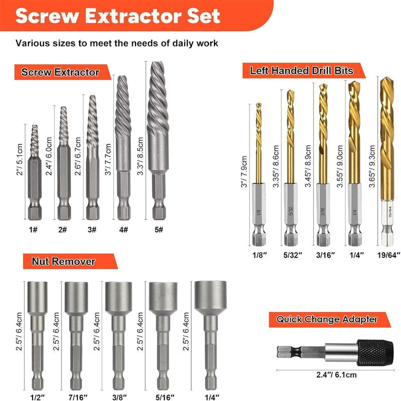 THINKWORK 16PCS Stripped Screw Extractor Set, Broken Bolt Extractor Kit, Left Hand Drill Bit Set for Removing Stripped Screws, Bolts Cnc La