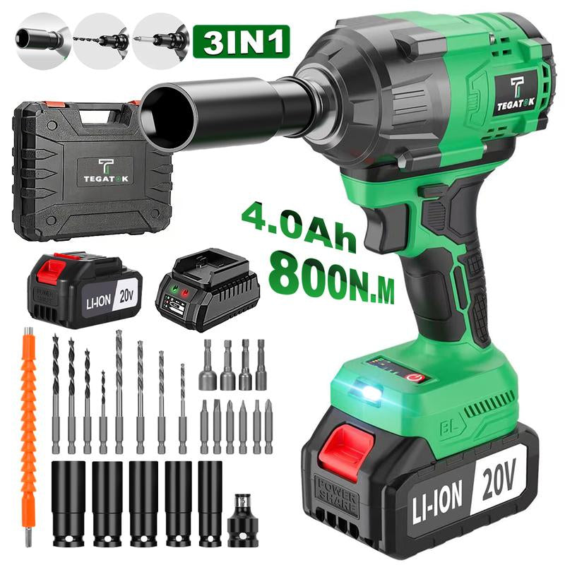 TEGATOK Cordless Impact Wrench, Power Impact Gun 1/2 (430N.M), Electric Driver, Brushless Impact Driver with 4000 Mah Battery, Fast Charger, 3-In-1 Electric Impact Wrench,Gift for Home, Vehicles & Menfor