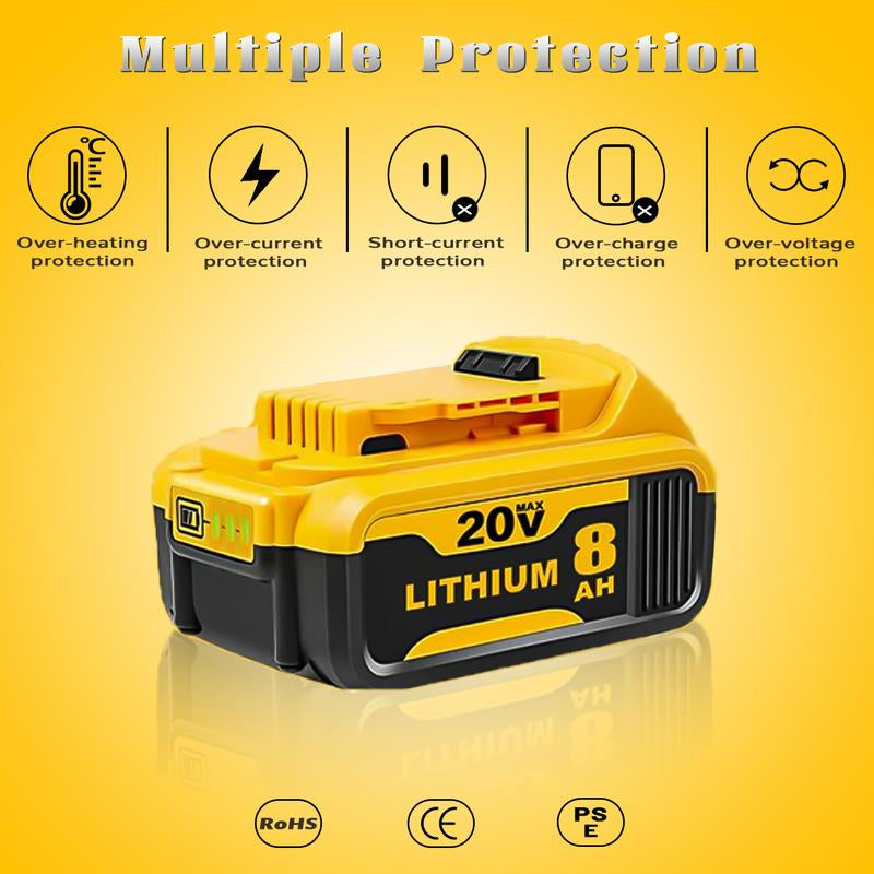 8-Pack 20V Max XR 8.0Ah Lithium-Ion Battery Pack by Dewalt DCB200 for 20V Tools - High Capacity and Exceptional Compatibility