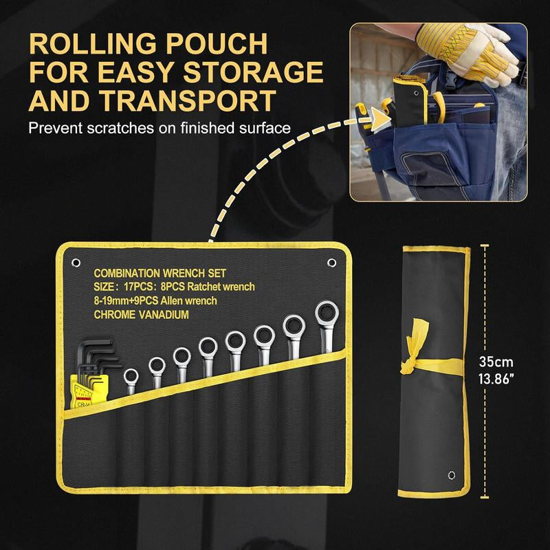 AMTOVL Ratcheting Wrench Set, 8Pcs Combination Wrench Set, with 9PCS Allen Keys, Metric 8-19Mm, 12 Point, HRC50 CR-V, Box End and Open End Wrench