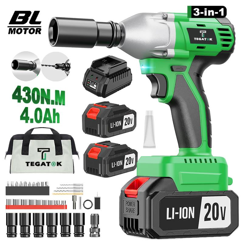 TEGATOK Cordless Impact Wrench, Power Impact Gun 1/2 (430N.M), Electric Driver, Brushless Impact Driver with 4000 Mah Battery, Fast Charger, 3-In-1 Electric Impact Wrench,Gift for Home, Vehicles & Menfor