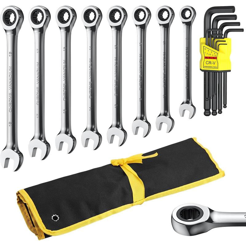 AMTOVL Ratcheting Wrench Set, 8Pcs Combination Wrench Set, with 9PCS Allen Keys, Metric 8-19Mm, 12 Point, HRC50 CR-V, Box End and Open End Wrench