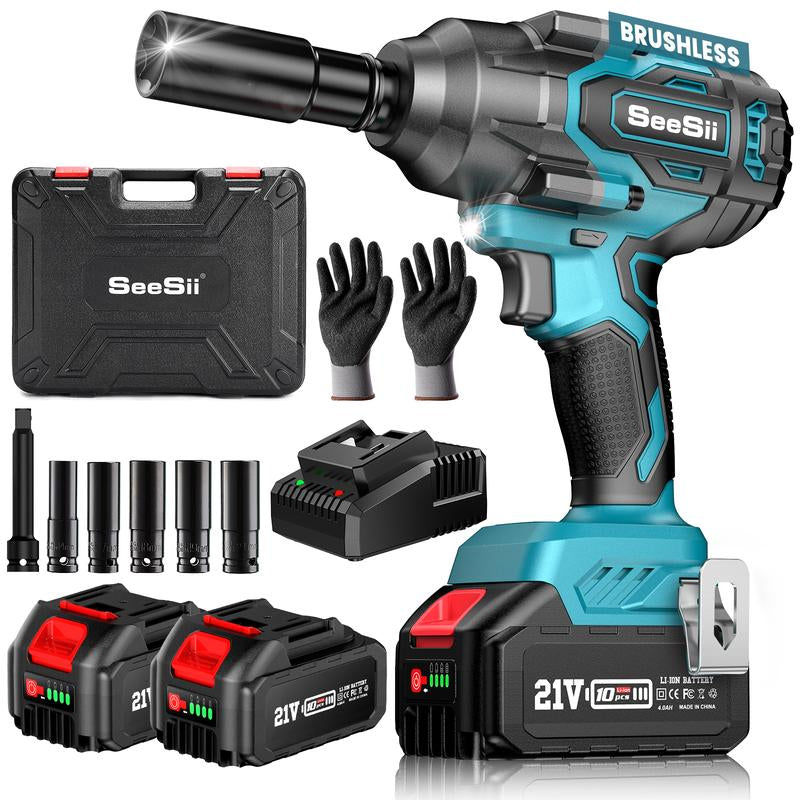 Seesii 1000Nm(738Ft-Lbs) Cordless Impact Wrench,1/2" High Torque Brushless Impact Wrench W/Two 4.0AH Battery,Fast Charger, 1 Extension Bar, 5 Sockets & Storage Case, Pistola De Impacto, Electric Impact Wrench for Car Truck,Wh760