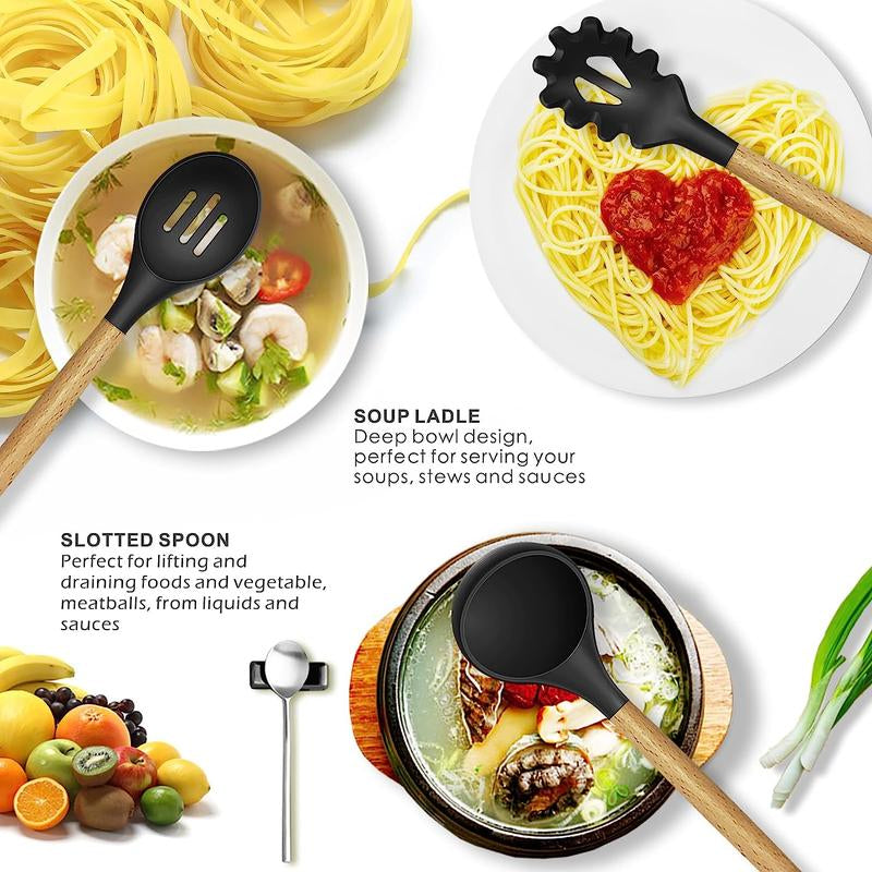 Cookware Set, Silicone Cooking Utensils Set, Including Spatula, Cooking Shovel, Spoon, Whisk, Colander, Summer Light Wooden Handle Cooking Utensils