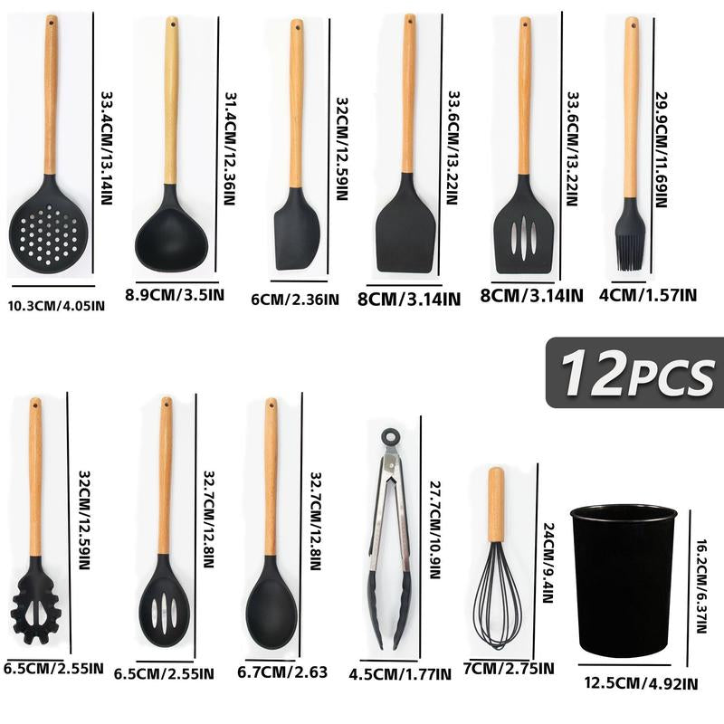 Cookware Set, Silicone Cooking Utensils Set, Including Spatula, Cooking Shovel, Spoon, Whisk, Colander, Summer Light Wooden Handle Cooking Utensils