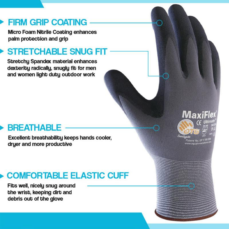 12 Pairs - Maxiflex Gloves, Maxi Gloves, Work Gloves PIP 34-874/M Maxi Flex Ultimate 34874 Foam Nitrile Palm Coated Gloves