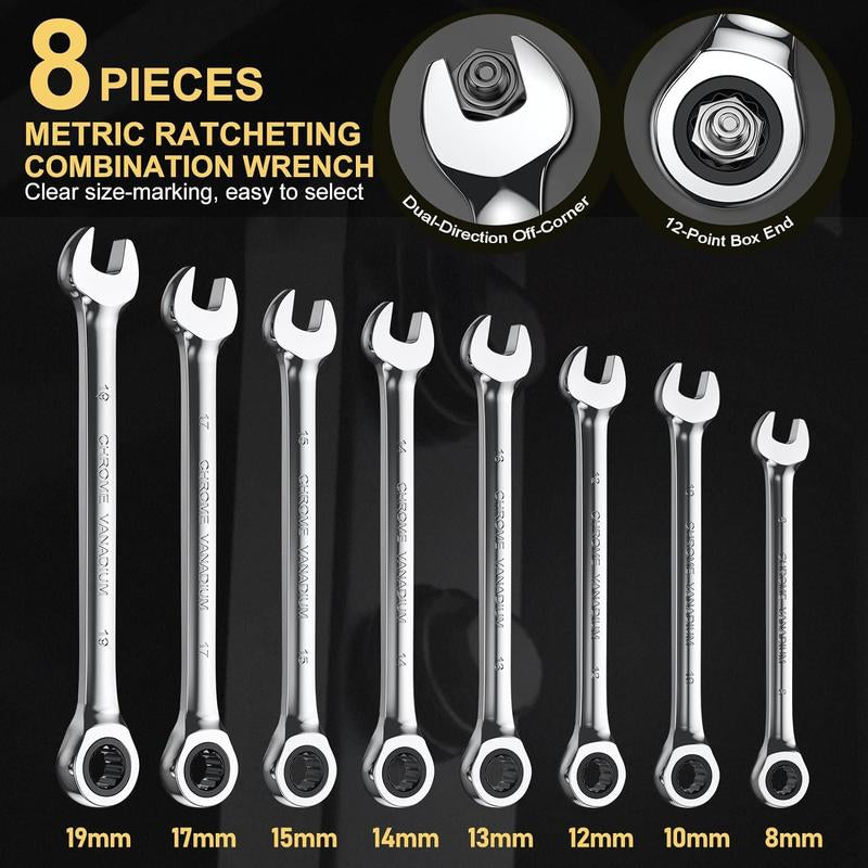 AMTOVL Ratcheting Wrench Set, 8Pcs Combination Wrench Set, with 9PCS Allen Keys, Metric 8-19Mm, 12 Point, HRC50 CR-V, Box End and Open End Wrench