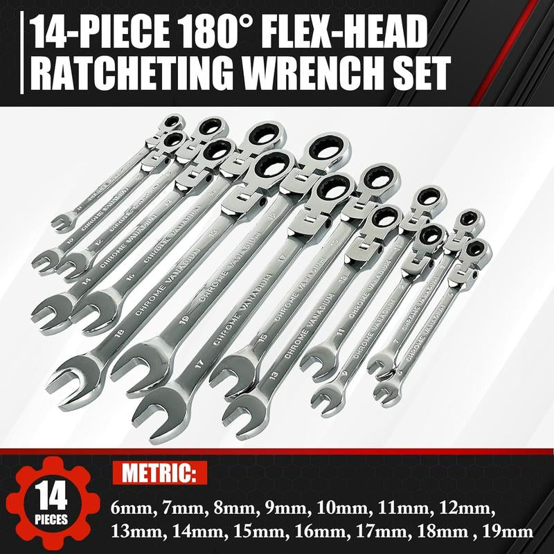 14-Piece Original 180° Flex-Head Ratcheting Wrench Set, Metric 6-19Mm, 72 Teeth, CR-V Steel, Ratchet Wrenches Set with Organizer Box Wrench Tools Mechanic Tool Combination Wrench Metric Socket