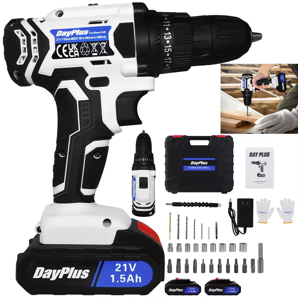 Dayplus Cordless Drill Set Electric Screwdriver Drill Set with 2-Variable Speed, 25+1 Torque,21V Li-Ion Battery & Fast Charger