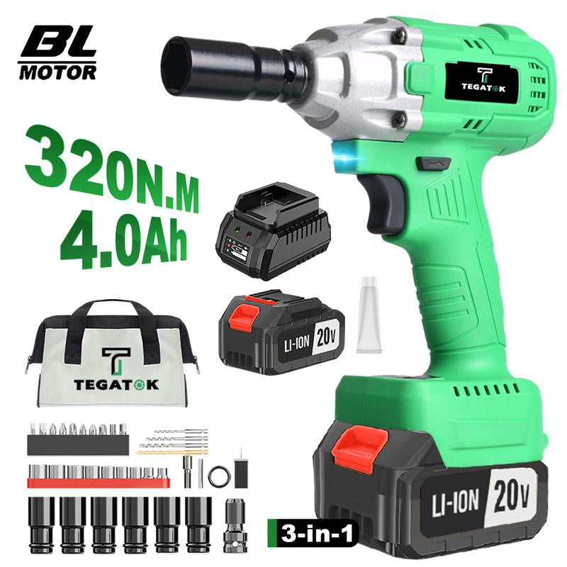 TEGATOK Cordless Impact Wrench, Power Impact Gun 1/2 (430N.M), Electric Driver, Brushless Impact Driver with 4000 Mah Battery, Fast Charger, 3-In-1 Electric Impact Wrench,Gift for Home, Vehicles & Menfor