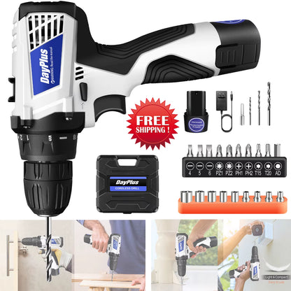 Cordless Drill Driver Kit with Battery,2 in 1 Electric Screwdriver Driver Tool Kit 45 N.M, Dual Speed 3/8 Inch Keyless Chuck