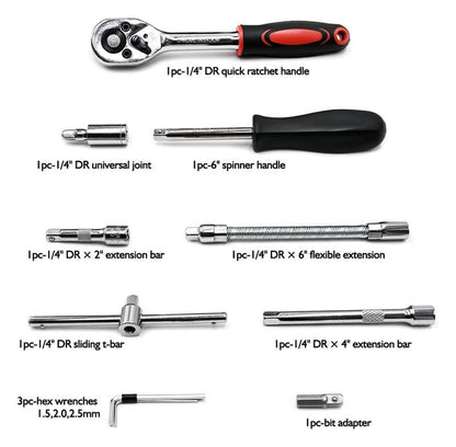 46 Pieces 1/4 Inch Drive Socket Ratchet Wrench Set, with Bit Socket Set Metric and Extension Bar for Auto Repairing and Household, with Storage Case