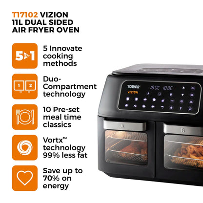 Vortx Vizion Dual Compartment Air Fryer Oven with Digital Touch Panel, 11L, Black