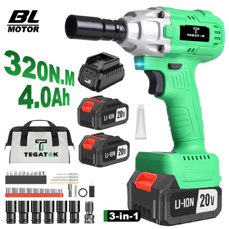 TEGATOK Cordless Impact Wrench, Power Impact Gun 1/2 (430N.M), Electric Driver, Brushless Impact Driver with 4000 Mah Battery, Fast Charger, 3-In-1 Electric Impact Wrench,Gift for Home, Vehicles & Menfor