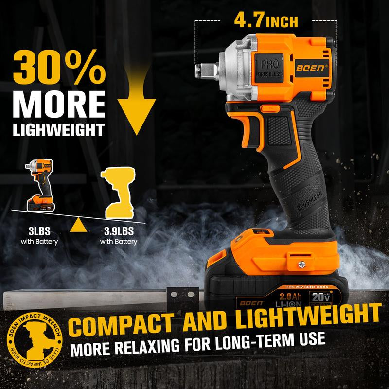 Boen Cordless Impact Wrench 1/2 Inch Brushless Electric, 260Ft-Lbs(350N.M), 2500RPM Torque Impact Gun, Includes 2.0Ah Battery, Charger, IW-79