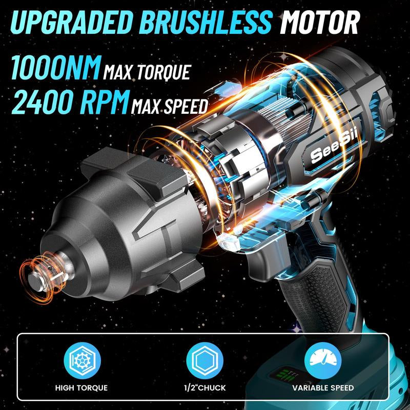 Seesii 1000Nm(738Ft-Lbs) Cordless Impact Wrench,1/2" High Torque Brushless Impact Wrench W/Two 4.0AH Battery,Fast Charger, 1 Extension Bar, 5 Sockets & Storage Case, Pistola De Impacto, Electric Impact Wrench for Car Truck,Wh760