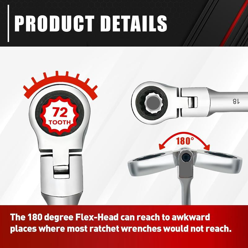 14-Piece Original 180° Flex-Head Ratcheting Wrench Set, Metric 6-19Mm, 72 Teeth, CR-V Steel, Ratchet Wrenches Set with Organizer Box Wrench Tools Mechanic Tool Combination Wrench Metric Socket