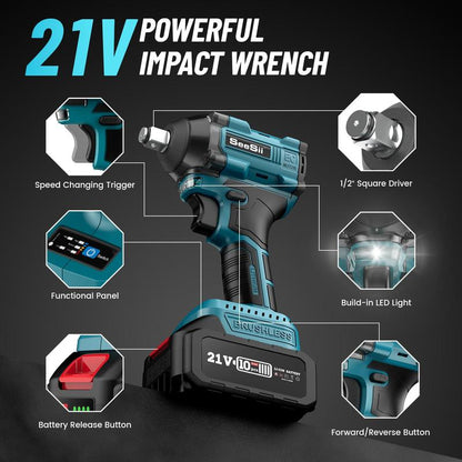 Seesii 1/2-Inch Cordless Impact Wrench with 260 Ft-Lbs, Brushless 1/2" Impact Wrench Equipped with 2 X 4.0 Batteries, Fast Charger, 4 Sockets, 4 Drill & Driver Bits, Electric Pistola De Impacto for Car and Home