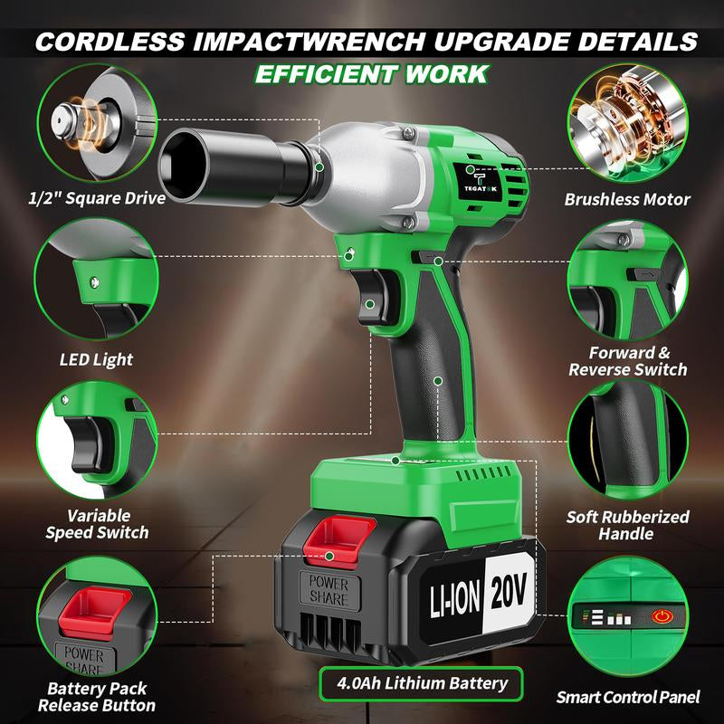 TEGATOK Cordless Impact Wrench, Power Impact Gun 1/2 (430N.M), Electric Driver, Brushless Impact Driver with 4000 Mah Battery, Fast Charger, 3-In-1 Electric Impact Wrench,Gift for Home, Vehicles & Menfor