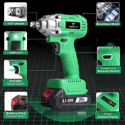 Tegatok 20V Cordless 1/2-Inch Impact Wrench, 320 Nm Torque, Brushless Motor, 3-In-1 Automotive DIY Home Electric Impact Wrench