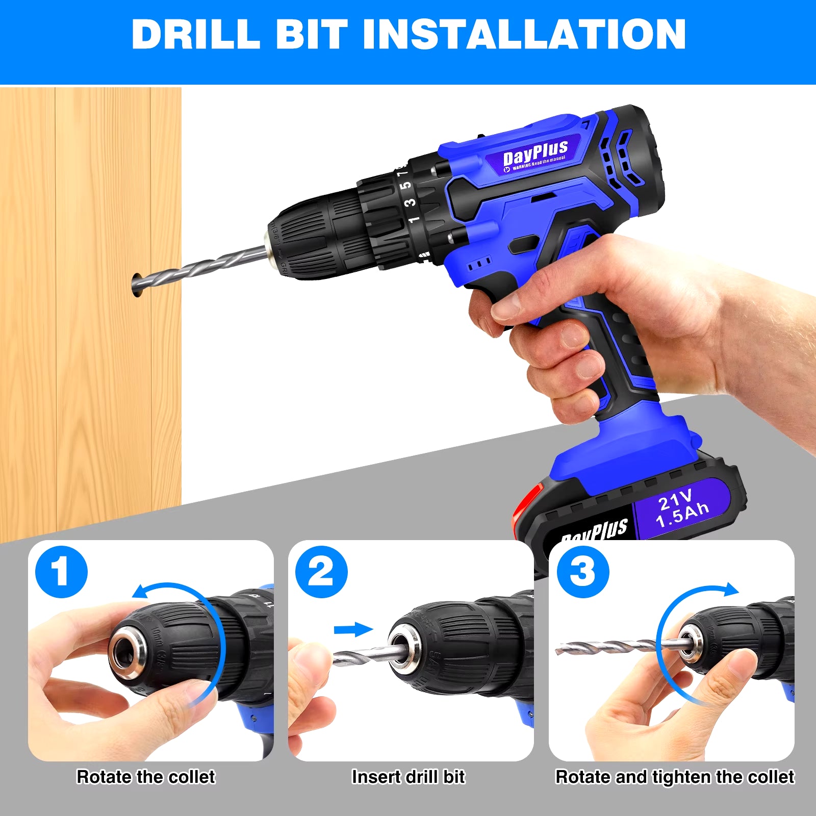 2 Batteries Cordless Power Drill, 21V Handheld Electric Screwdriver Drill Set,45Nm 25+1 Torque Setting, 2-Speed Drill, 3/8"