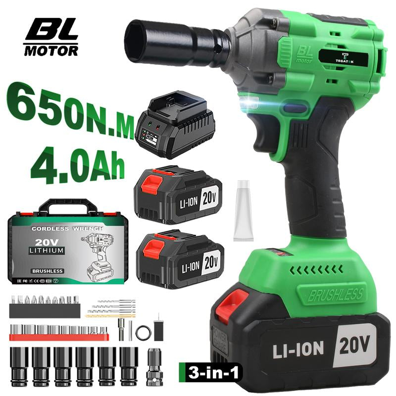 TEGATOK Cordless Impact Wrench, Power Impact Gun 1/2 (430N.M), Electric Driver, Brushless Impact Driver with 4000 Mah Battery, Fast Charger, 3-In-1 Electric Impact Wrench,Gift for Home, Vehicles & Menfor