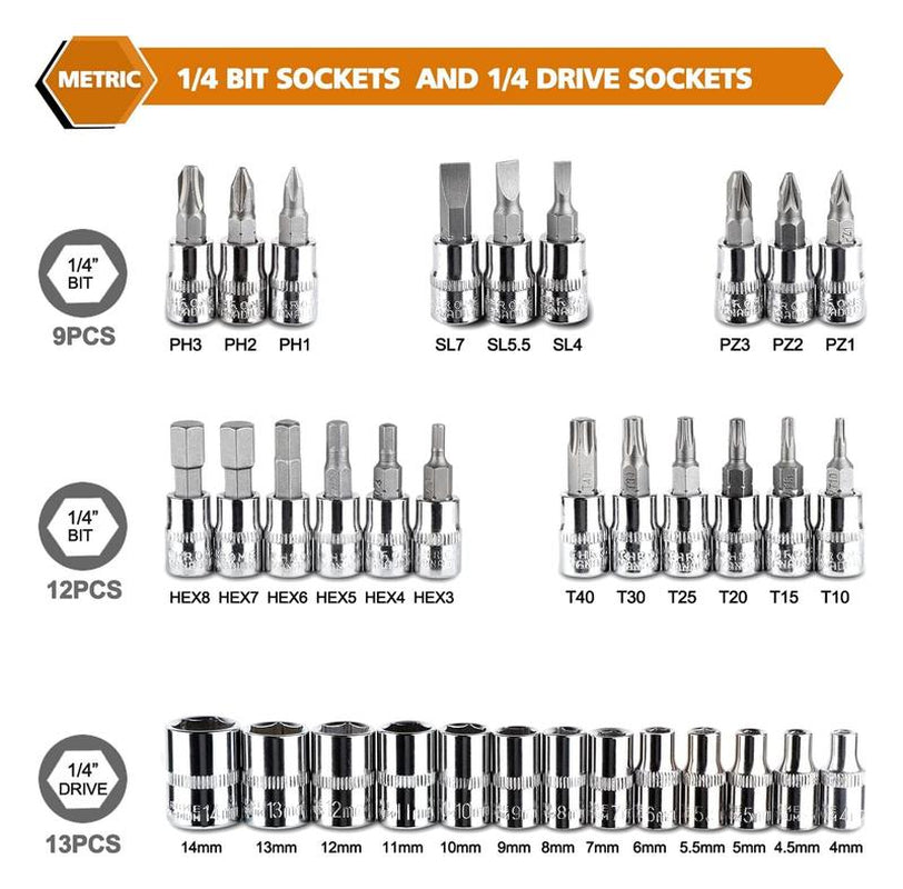 46 Pieces 1/4 Inch Drive Socket Ratchet Wrench Set, with Bit Socket Set Metric and Extension Bar for Auto Repairing and Household, with Storage Case