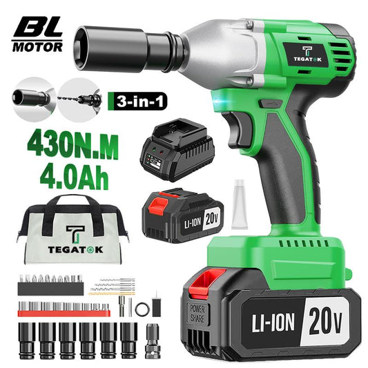 TEGATOK Cordless Impact Wrench, Power Impact Gun 1/2 (430N.M), Electric Driver, Brushless Impact Driver with 4000 Mah Battery, Fast Charger, 3-In-1 Electric Impact Wrench,Gift for Home, Vehicles & Menfor