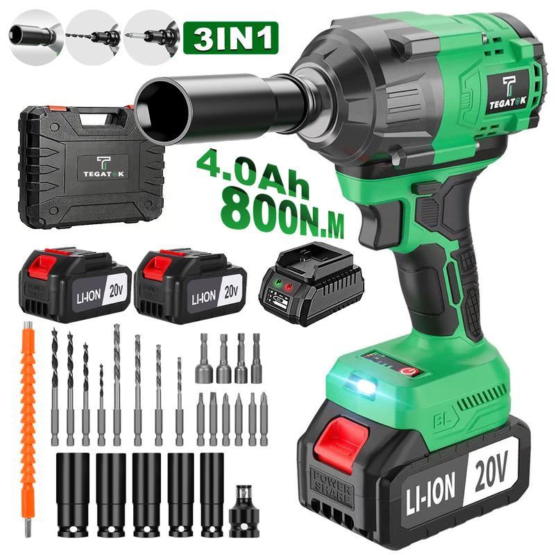 TEGATOK Cordless Impact Wrench, Power Impact Gun 1/2 (430N.M), Electric Driver, Brushless Impact Driver with 4000 Mah Battery, Fast Charger, 3-In-1 Electric Impact Wrench,Gift for Home, Vehicles & Menfor