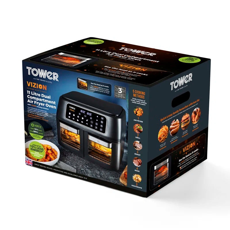 Vortx Vizion Dual Compartment Air Fryer Oven with Digital Touch Panel, 11L, Black