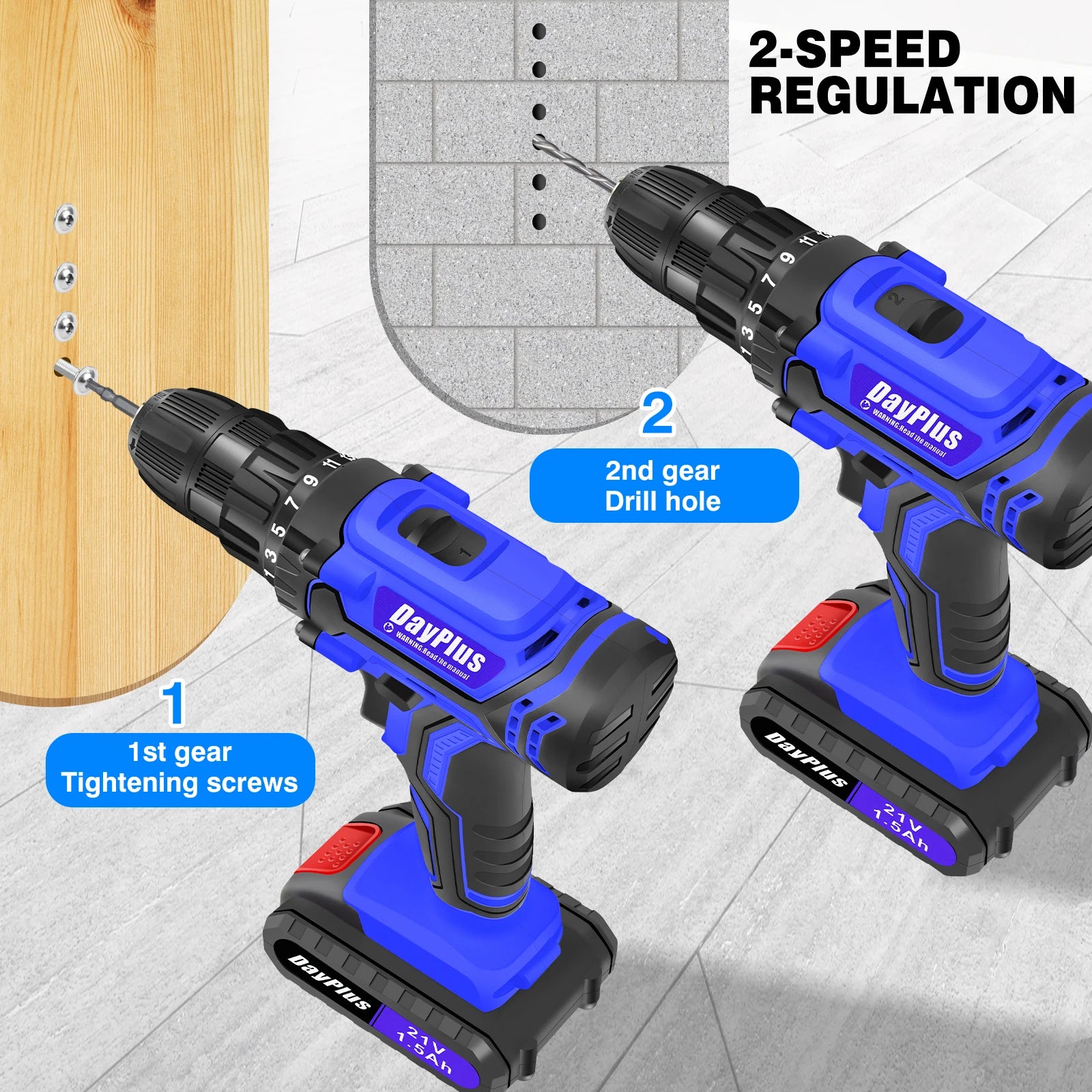 2 Batteries Cordless Power Drill, 21V Handheld Electric Screwdriver Drill Set,45Nm 25+1 Torque Setting, 2-Speed Drill, 3/8"