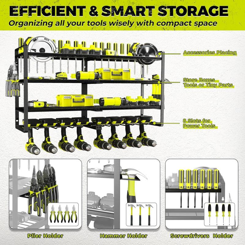 Power Tool Organizer - 8 Drill Holder Wall Mount,4 Layer Heavy Duty Metal Power Tool Storage Rack,Garage Tool Organizer Boxes Installation