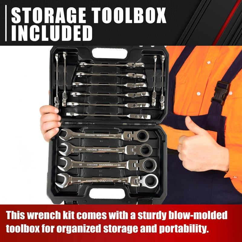 14-Piece Original 180° Flex-Head Ratcheting Wrench Set, Metric 6-19Mm, 72 Teeth, CR-V Steel, Ratchet Wrenches Set with Organizer Box Wrench Tools Mechanic Tool Combination Wrench Metric Socket