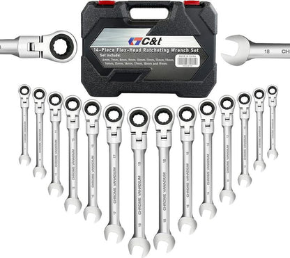 14-Piece Original 180° Flex-Head Ratcheting Wrench Set, Metric 6-19Mm, 72 Teeth, CR-V Steel, Ratchet Wrenches Set with Organizer Box Wrench Tools Mechanic Tool Combination Wrench Metric Socket