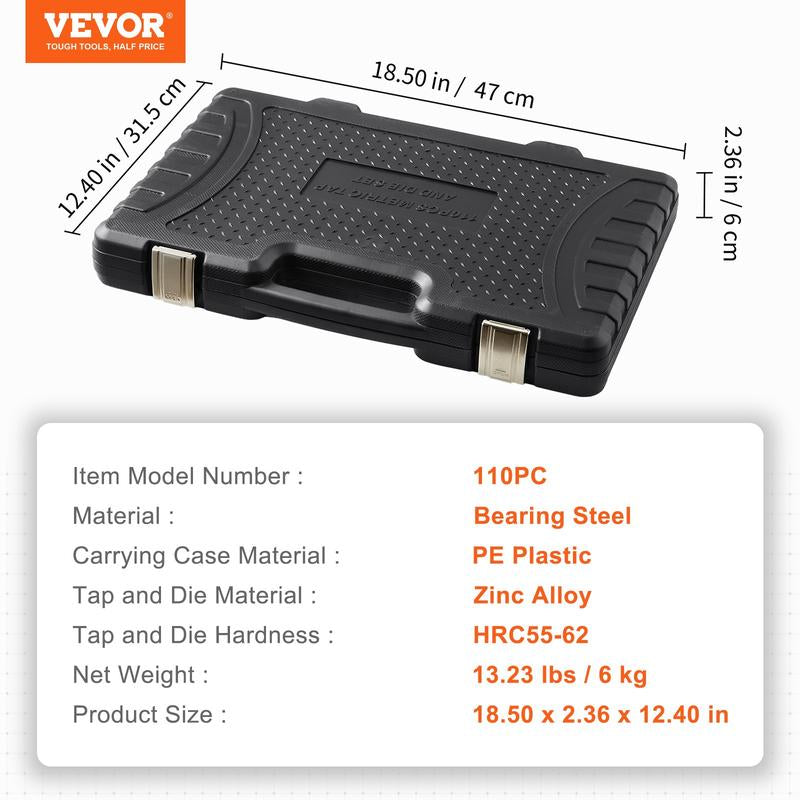 VEVOR Tap and Die Set, 110-Piece Include Metric Size M2 to M18, Bearing Steel Taps and Dies, Essential Threading Tool for Cutting External Internal Threads, with Complete Accessories and Storage Case